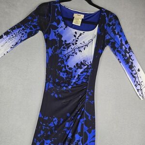 Fuzzi Dress Womens M Blue Floral Mesh Ruched 3/4 Sleeve Bodycon Midi Italy